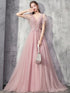 NewNew Sweet Pink Evening Dress Banquet Elegant V-Neck Lace Appliques Long Prom Formal Party Gown Dress De Noche Wedding Guest Dress, For Graduation, Dinner