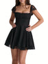 NewWomens Vintage A-Line Dress, Short Sleeve Ruched Bust Solid Color Flowy Mini Dress