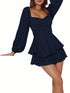 NewWomens Loose Shorts Jumpsuit, Solid Color Lantern Long Sleeve Square Neck Ruched Ruffled Playsuit
