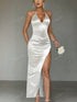 NewSexy Backless European And American Style Dress, New Cross-Border Designs, Deep V-Neck, Spaghetti Strap, Side Slit, Elegant Party Evening Gown, Solid Color, Sexy High Slit Up To Thigh, Backless Tie Up Design