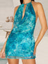 NewWomen Mini Halter Neck Dress Slim Leaf Flower Print Sleeveless Open Back Short Bodycon Dress