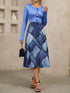 NewWomen's Stretch Faux Denim Printed Wrap Dress - Knee Length Flared Hem Geometric Pattern, Machine Washable Casual To Party Wear, Round Neck, Long Sleeve A-Line Dresses Spring, Summer, Fall Elegant Collection, Button Closure Fashionable Style