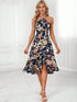 NewAll Over Print  Floral  Leaf    Boho    Backless  Ruffle Hem  Knot    Mermaid Satin Asymmetrical Midi Dress