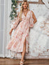 NewPleated Floral Print V-Neck A-Line Chiffon Midi Dress