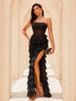 NewWomen's Fishbone Pleated Bandeau Cake Tulle Dress With Sequin Decoration Split Thigh Formal Evening Party Banquet Prom Dresses, For Wedding Guest, Party, Dinner