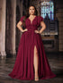 NewQOQ Romantic Simple Plus Size Solid Color V-Neck Flounce Sleeve Bridesmaid Gowns Dresses