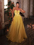 NewGlamrae Elegant Yellow Shiny Satin Strapless Deep V-Neck Bow Decor Basque Waist Extra Wide Hem Adjustable Backstrap Dress, Suitable For Date, Vacation, Birthday, Party, Wedding, Graduation Prom, Formal Gala