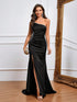 NewAsymmetric Chain Detail Party Dress With High Slit, Asymmetrical Ruffle Formal Gown For Women