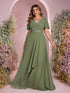 NewSHEIN Belle Plus Size Green Elegant Romantic Bridesmaid Dress With Ruched Sleeves, V-Neck, Crystal Embellishments, Pleated Fabric